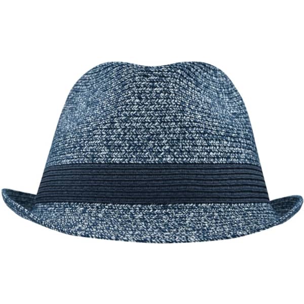 A blue melange hat features a textured design and a band around the base, with a wide brim for sun protection.