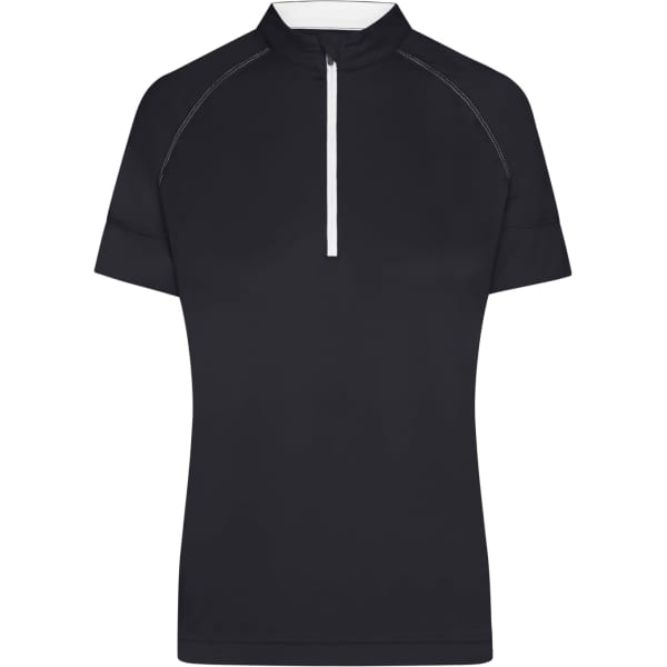 A black ladies' half zip top with short sleeves and a contrasting white zipper, featuring a branding logo.