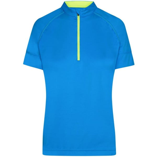 A blue half-zip top for ladies featuring a contrasting neon green zip. The design includes short sleeves and a collar.
