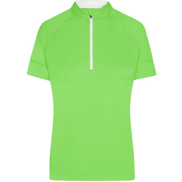 A ladies' half zip top in vibrant green, featuring short sleeves and a white zip closure. It has a logo.