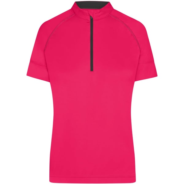A pink ladies' half zip bike top with short sleeves and a black collar. Features a branding logo.