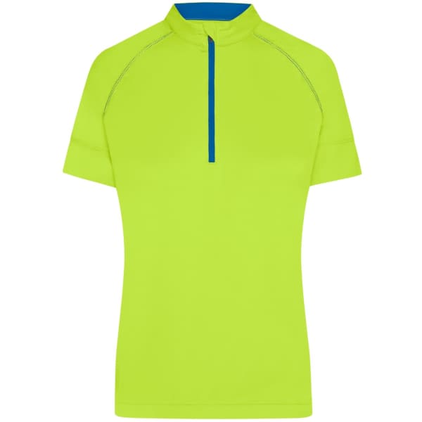 A bright lime green half-zip shirt with a blue neck lining and short sleeves. It features a logo on the front.