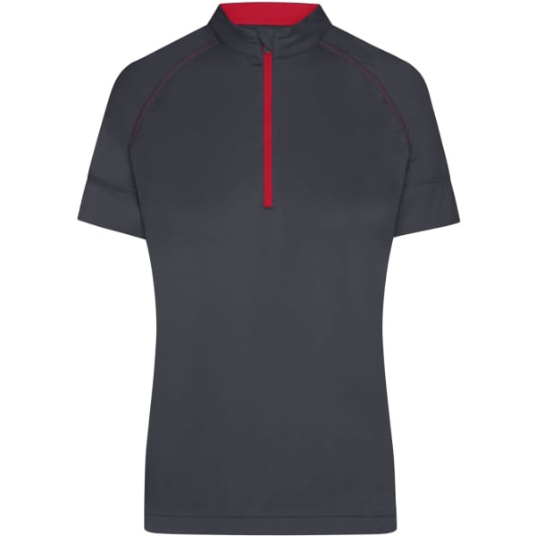 A ladies' bike half zip top in dark grey with a red collar detail, featuring a logo on the front.