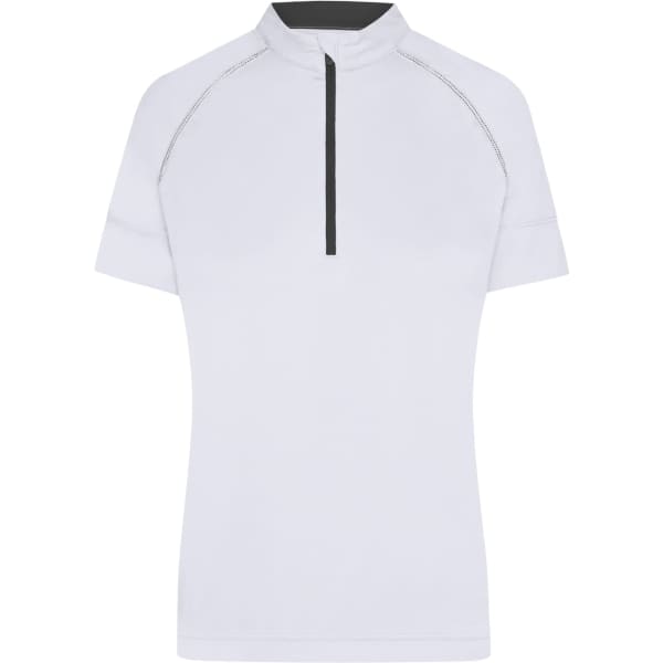 A light grey half-zip cycling top with short sleeves and a black collar, featuring stitching details and a logo.