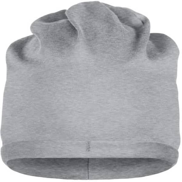 A grey bio cotton beanie with a slouchy design and a smooth finish. It features a brand logo on the inside.