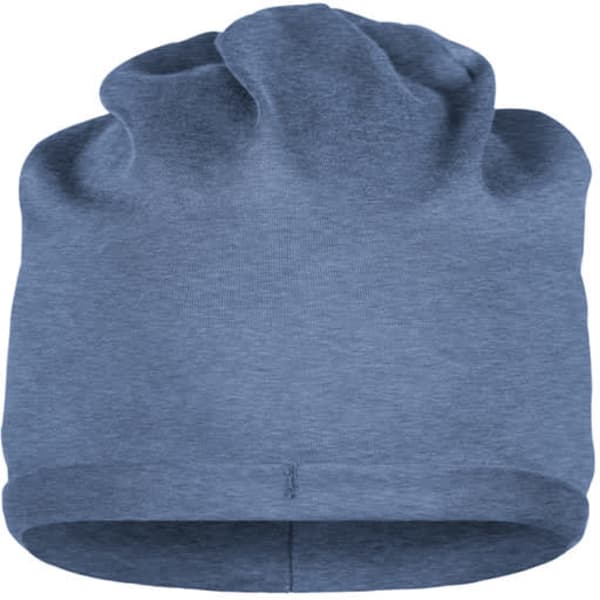 A blue Bio Cotton beanie featuring a soft, relaxed fit and a simple design. It has a logo on the side.