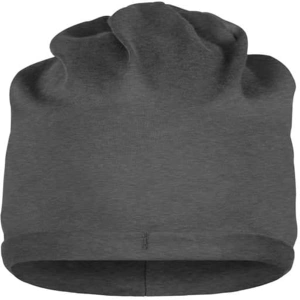 A grey beanie made from bio cotton, featuring a snug fit and a simple design. It includes a logo.