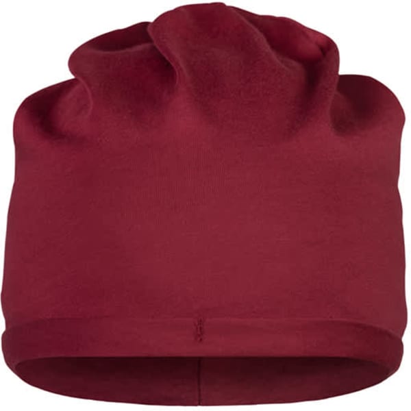 A red beanie made from bio cotton, showcasing a soft, slouchy design and a simple, branded look.