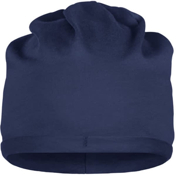 A navy blue beanie made from bio cotton, featuring a smooth, gathered top and a logo.