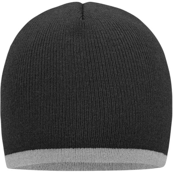 A beanie featuring a grey contrasting border and a black body, made from a knitted fabric. It has a branding logo.