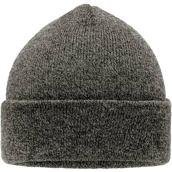 A grey beanie featuring a cuffed design, made of a soft knit material, with a simple logo on the side.