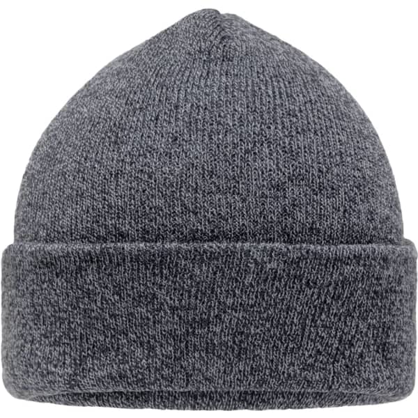 A grey Melange Beanie with a folded cuff, featuring a simple design and a logo.