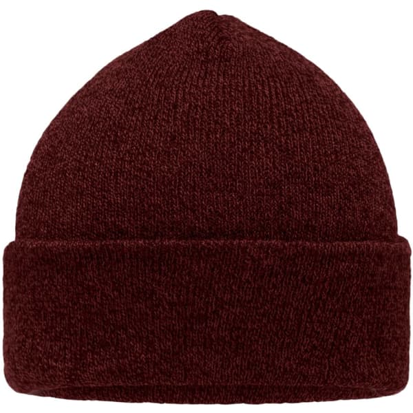 A maroon beanie with a folded cuff, made from a textured knit material, featuring a logo.