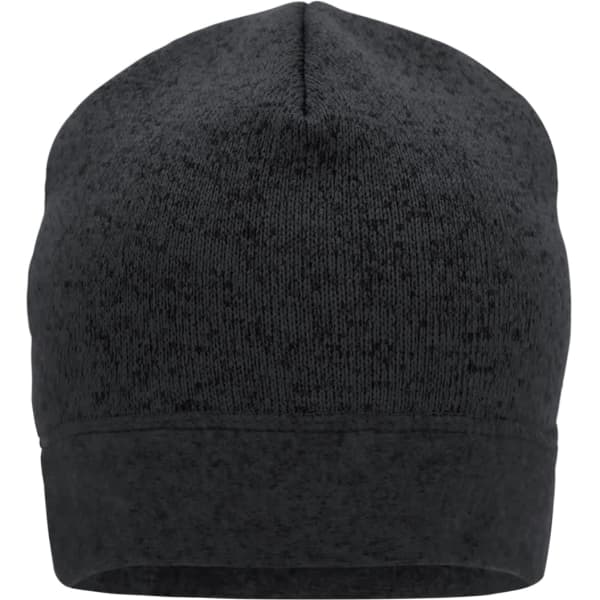A black knitted fleece beanie featuring a snug fit and a subtle texture. Includes a logo on the side.