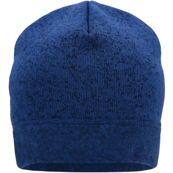 A knitted fleece beanie in a deep blue shade featuring a brand logo. Simple, warm design.