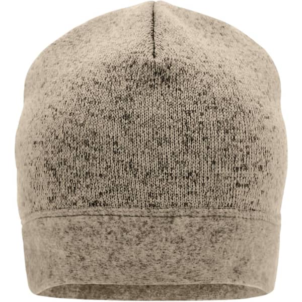 A knitted fleece beanie in a greyish-brown hue with a textured finish. It features a logo on the side.