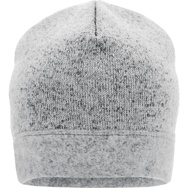 A knitted fleece beanie in grey with a textured pattern and a folded hem. Features a logo on the side.