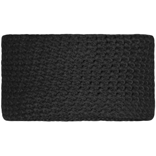 A fine crocheted headband in solid black, with a textured design. It features a logo on the side.