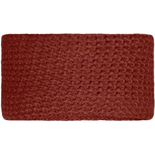 A fine crocheted headband in a warm terracotta colour, featuring textured stitching and a simple design.
