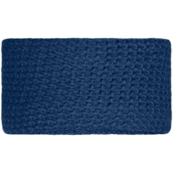A fine crocheted headband in a deep navy blue, featuring a textured design. It has a simple logo on the side.