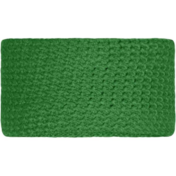 A green crocheted headband displayed flat, featuring a textured pattern and a simple design. It has a logo.