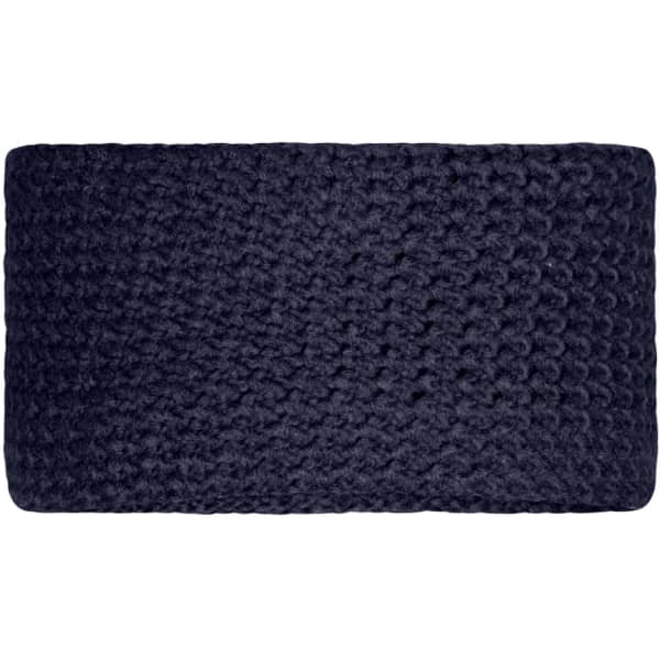 A fine crocheted headband in navy blue, textured with a chunky knitted pattern. Features a logo.