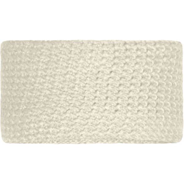 A fine crocheted headband in a soft cream colour, featuring a textured knit pattern. It has a branding logo.