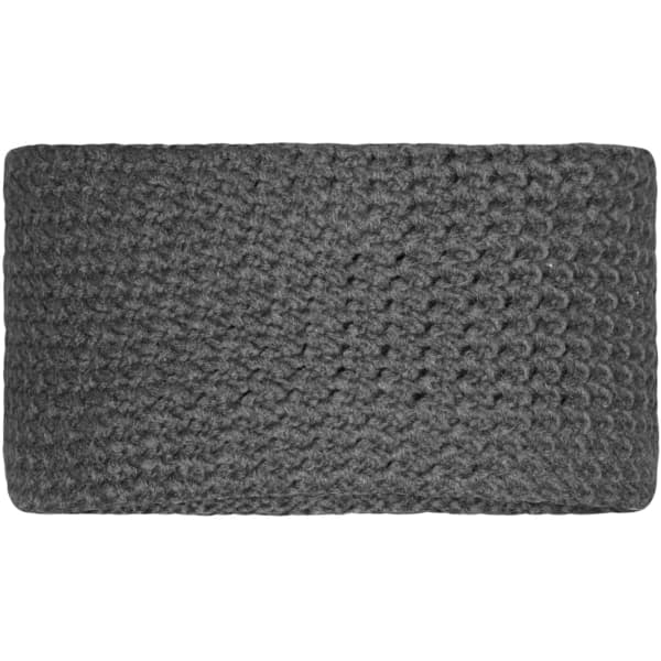 A fine crocheted headband in a dark grey colour, featuring a textured pattern and a branding logo.