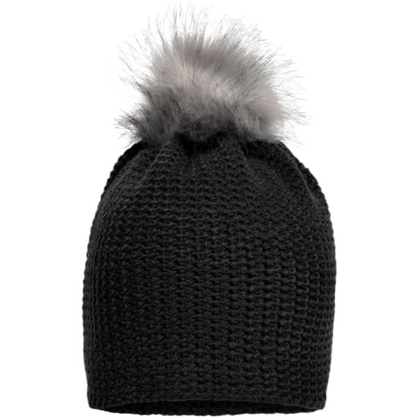 A fine crocheted beanie in black, featuring a fluffy grey pom-pom on top. The design is textured and stylish.