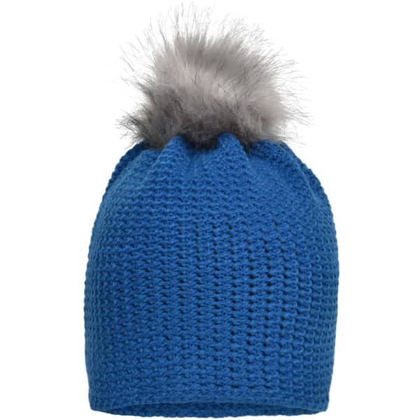 A fine crocheted beanie in blue with a fluffy grey pom-pom on top. It features a textured, knitted design.
