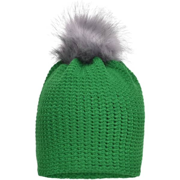 A green crocheted beanie with a grey pom-pom on top and a textured design. It features a branding logo.