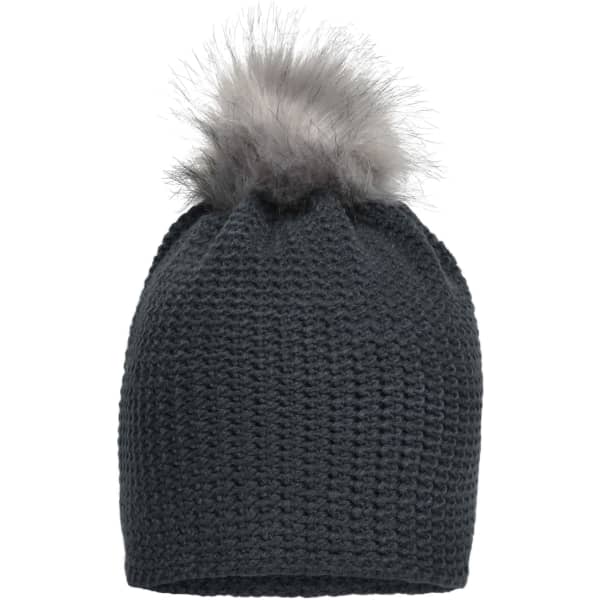 A fine crocheted beanie in dark grey, featuring a fluffy grey pom-pom on top. It has a logo on the side.