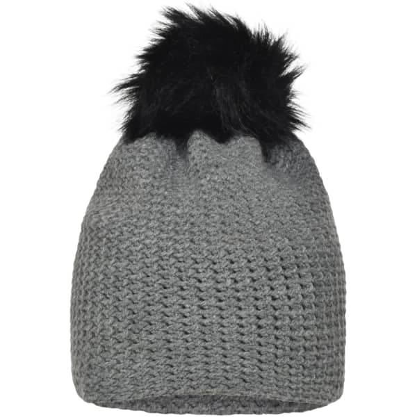 A fine crocheted beanie in grey with a black faux fur pom pom on the top, featuring a branding logo.