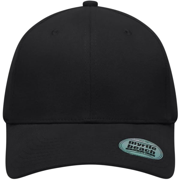 A black 6-panel elastic fit baseball cap featuring a logo on the side.