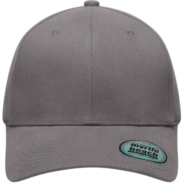 A grey 6-panel elastic fit baseball cap featuring a logo on the front.