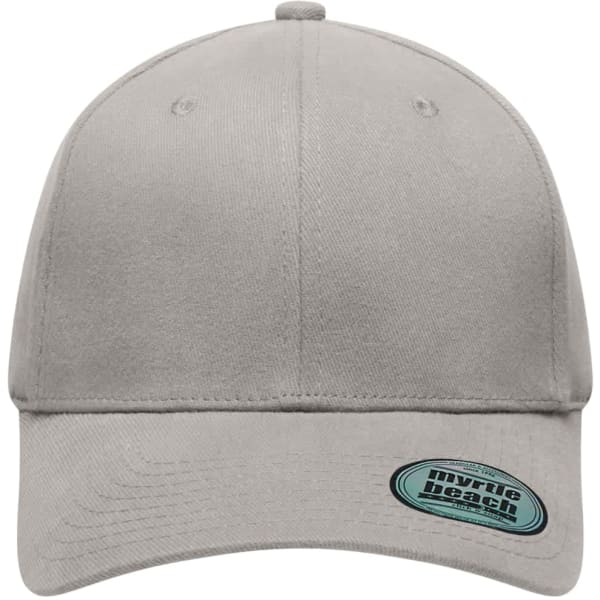 A grey 6 panel elastic fit baseball cap featuring a logo on the side.