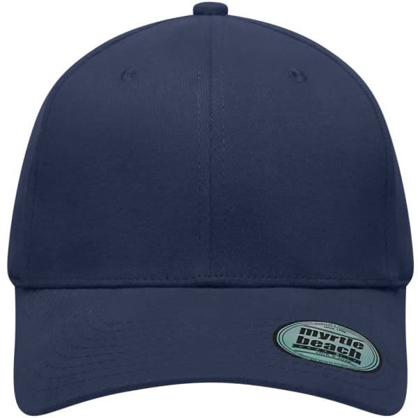 A navy blue 6 Panel Elastic Fit Baseball Cap with a branded logo on the front.