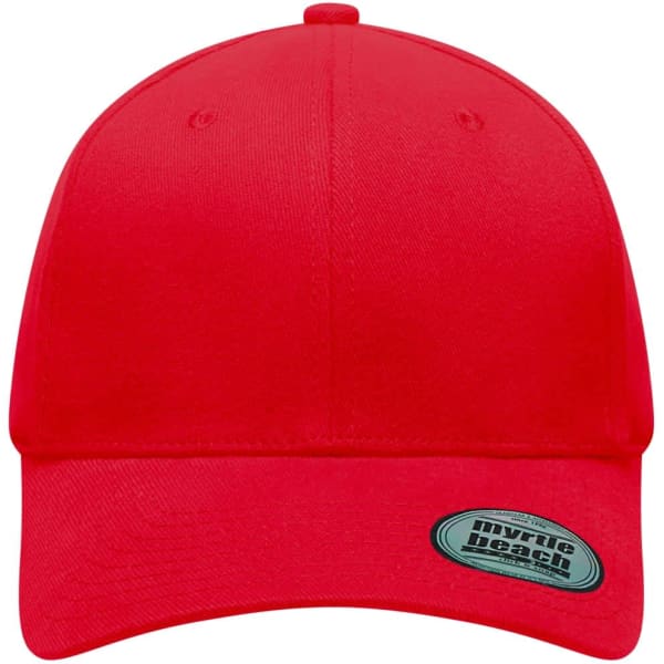 A red 6 panel elastic fit baseball cap featuring a branding logo on the side.