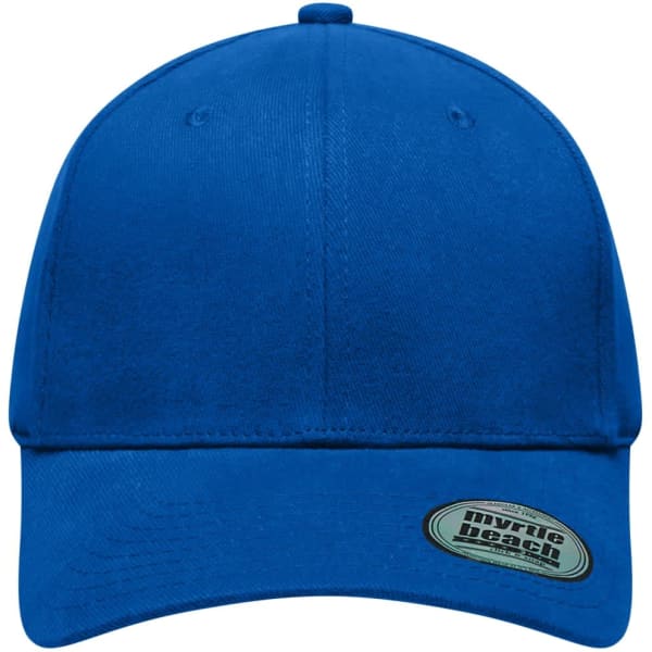 A blue 6-panel elastic fit baseball cap featuring a logo on the side. The cap has a structured design.