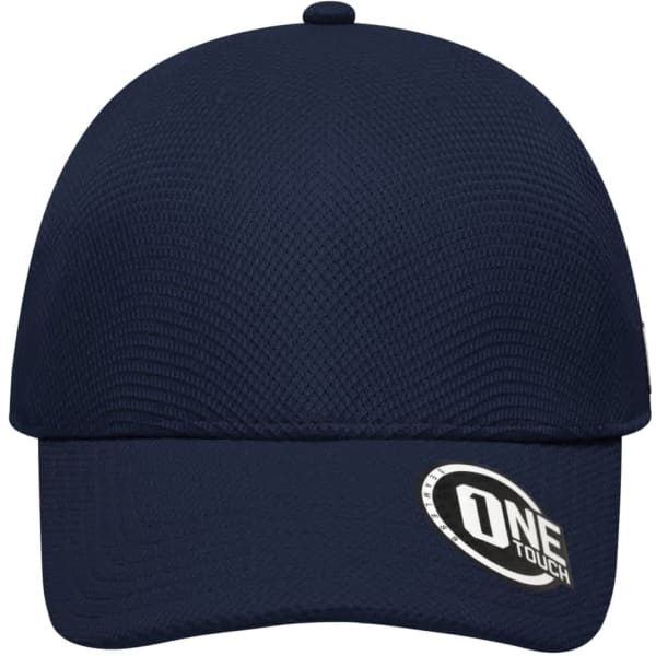 A navy blue cap with a textured finish and a logo on the side.