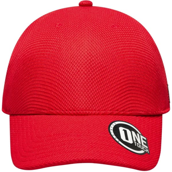 A red cap with a textured design and a round logo on the brim.