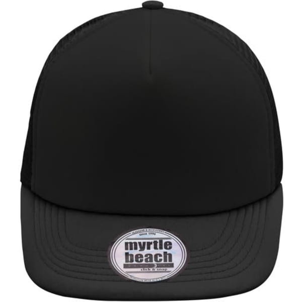 A 5-panel flat peak cap in black with a mesh back and a round logo on the front.