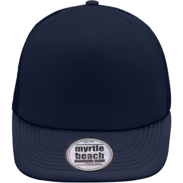 A navy 5 panel flat peak cap featuring a logo on the front. The cap has a structured design and a wide brim.