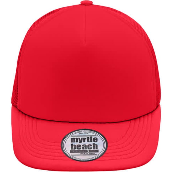 A red 5 panel flat peak cap with a branded logo on the front. The cap features a structured crown and a flat brim.