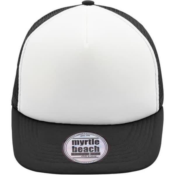 A 5 panel flat peak cap featuring a white front and black mesh sides, with a logo on the front.