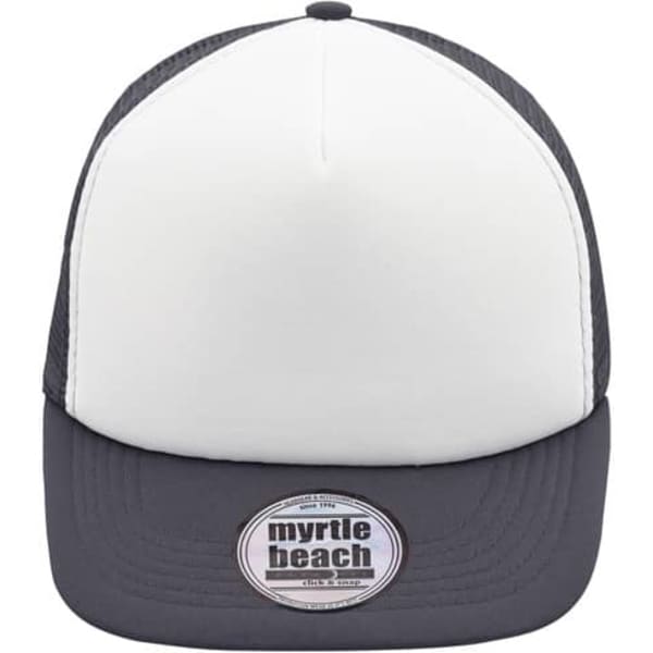 A 5 Panel Flat Peak Cap in white and grey, featuring a logo on the front.