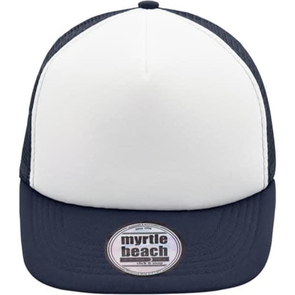 A 5 panel flat peak cap in navy and white with a branded label on the front.