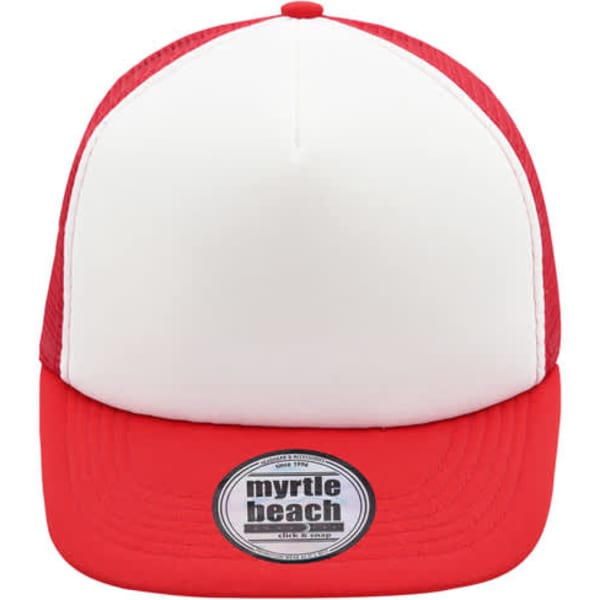 A red and white 5 panel flat peak cap featuring a circular logo on the front.