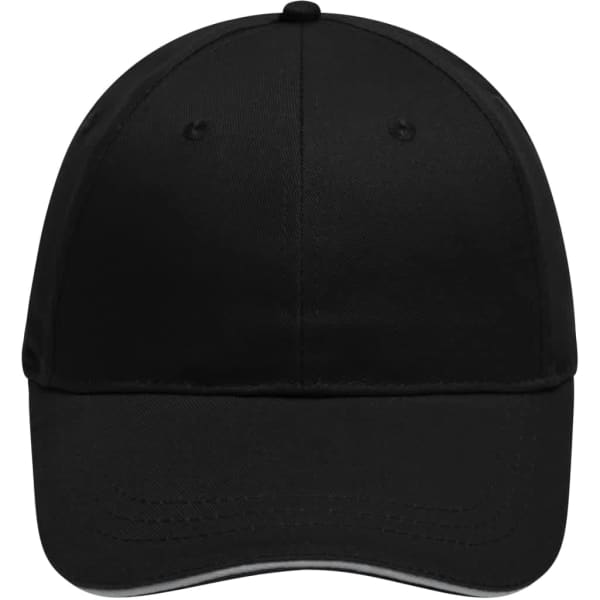A black 6 panel brushed sandwich cap with a curved brim and a logo on the front.