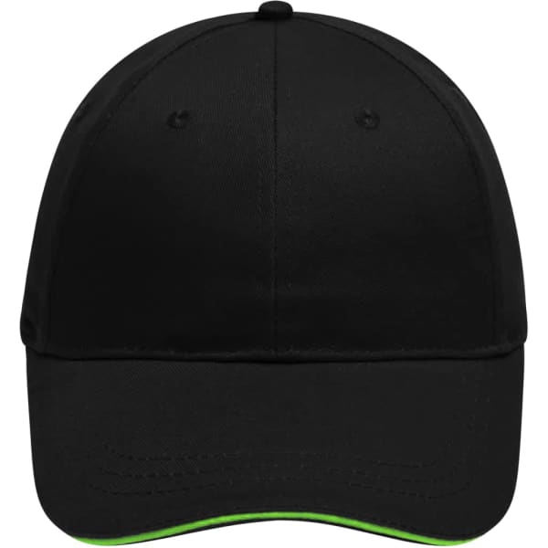 A black 6-panel brushed sandwich cap featuring a visible green trim and a logo on the front.